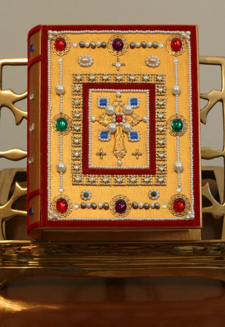 Wooden hinged book box, felt-lined, with ribbon, faux gemstones/pearls, and freshwater pearls.  $75