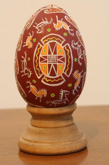 Wooden egg with painted Ukrainian pattern.  $25