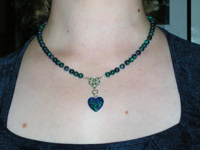 Azurite malachite pendant and beads, along with sodalite and blue goldstone, and Jerusalem cross center.  SOLD